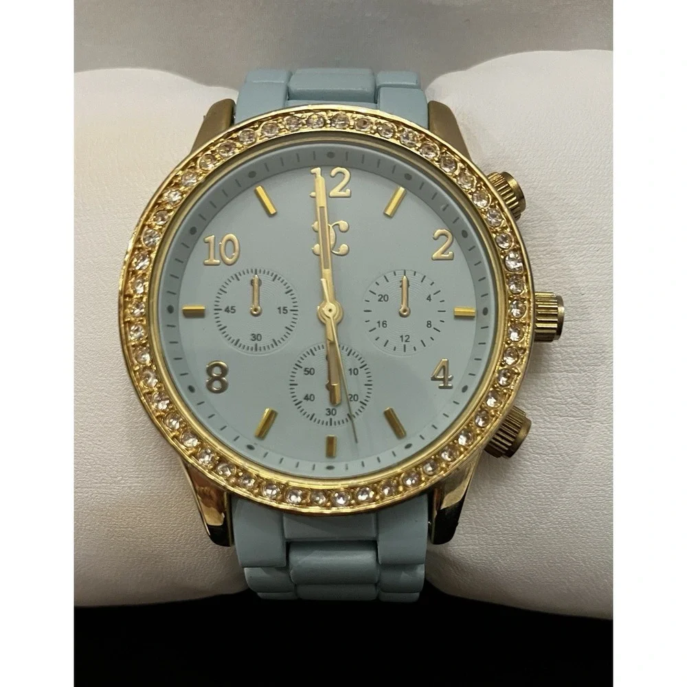 Charming Charlie Mint Aqua Blue Crystal Rhinestone Gold Tone Acrylic Band Watch